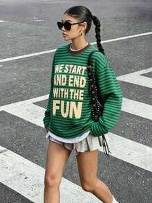 Women's New Arrival Bestselling Casual Striped Graphic Print Loose Pullover Sweatshirt - Green - View 1