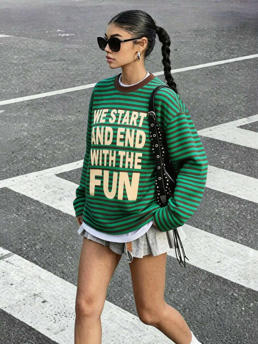 Women's New Arrival Bestselling Casual Striped Graphic Print Loose Pullover Sweatshirt - Green - View 1