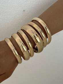 6pcs Multi-Layer Stackable Fashion Minimalist Elegant Exquisite Vintage Design Asymmetrical Texture Glossy Surface Minimalist Plain Metal Geometric Round Chunky Bangle Bracelet Set, Holiday Vacation Party Date Gift, Daily Commute Wear, Personalized - Yellow Gold - View 2