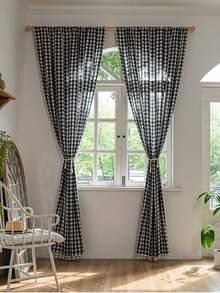 1pc American Country Style Minimalist Solid Color Plaid Pattern Curtain, Suitable For Bedroom, Living Room, Balcony - Navy - View 7