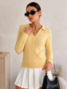 Sweater Pullover Wanita Kerah Polo Rajut Kabel Lengan Panjang Slim Fit Leher V Musim Gugur - Kuning - View 4