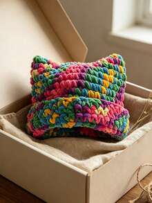 1 Pc Layered Gradient Color Cat-Ear Hand-Knitted Hat, Thick Woolen Scarf For Warmth And Protection, Hair Accessory, Gift For Friends - Multicolor - View 2