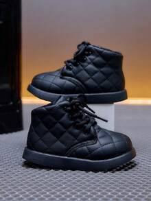 Children's Quilted Diamond Pattern Ankle Boots For Girls Lace-Up Thermal Lined Thick Sole Anti-Slip Casual Shoes For Autumn/Winter - Black - View 4