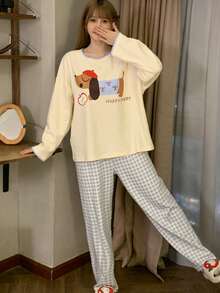 2pcs/Set Women's Pajamas Loungewear Set, Pullover Round Neck Cute Animal Print Minimalist Long Sleeve Cropped Pants, Comfortable For Home Wear - Yellow - View 9