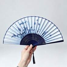1pc Women's Chinese Style Folding Fan, Foldable Bamboo Hand Fan, Paper Hand Fan, Each Fan Face Color, Pattern, And Position Differ, Randomly Sent - Multicolor - View 8