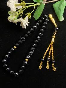1pc 33-Bead Artificial Crystal Silver-Veined Prayer Beads, Vintage Gold Tassel Pendant Muslim Tasbih, Handheld Prayer Beads For Worship, Gold Carved Metal Accessory Tassel Style Islamic Prayer Beads Gift - Multicolor - View 1
