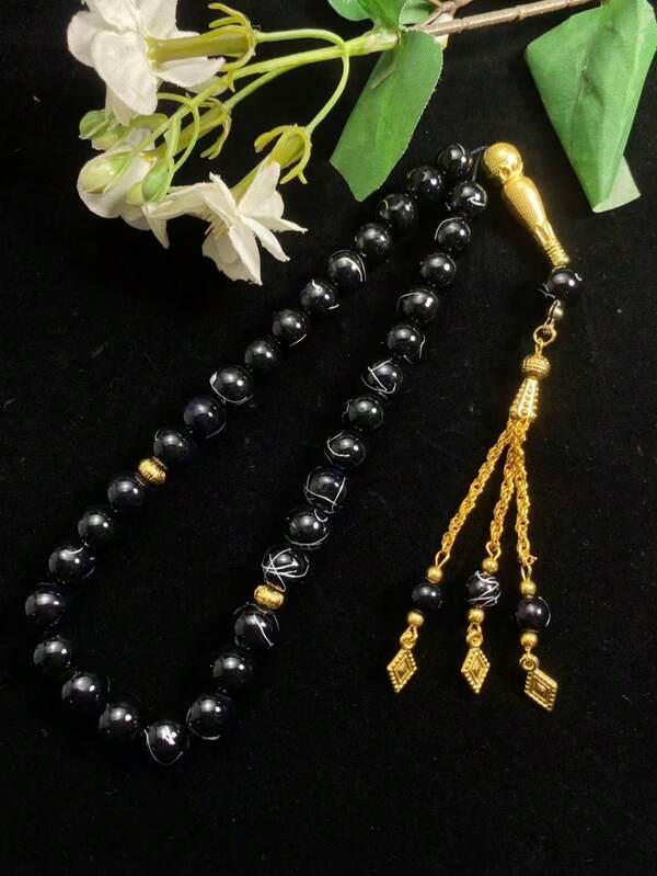 1pc 33-Bead Artificial Crystal Silver-Veined Prayer Beads, Vintage Gold Tassel Pendant Muslim Tasbih, Handheld Prayer Beads For Worship, Gold Carved Metal Accessory Tassel Style Islamic Prayer Beads Gift