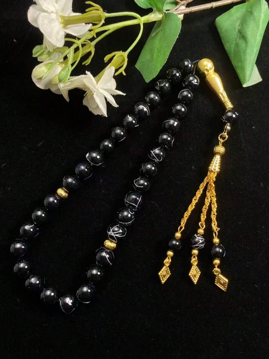 1pc 33-Bead Artificial Crystal Silver-Veined Prayer Beads, Vintage Gold Tassel Pendant Muslim Tasbih, Handheld Prayer Beads For Worship, Gold Carved Metal Accessory Tassel Style Islamic Prayer Beads Gift - Multicolor - View 1