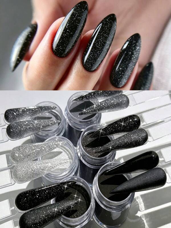 Black Silver Series Nail Glitter Crystal Powder, Fine Shimmer Explosive Sparkle Acrylic Powder For Nail Decoration, Dark Style Premium Nail DIY Extension Carving Powder, Salon Nail Art Decor, Home Nail Decoration Supplies