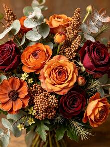 Artificial Flower Bouquet, Including Roses, Daisies, Double-Petal Flowers And Eucalyptus Leaves; Premium Mixed Floral Arrangement, Suitable For Home Decor, Holiday Decoration, Photography Props, Gift Decoration, Autumn Styling And Wedding Display. - Multicolor - View 6