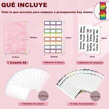 YICHN Organizador De Dinero A6,Agenda A6 de Anillas Desmontable + 12 Tarjetas dePresupuesto +12 Sobres para Efectivo +stickers en inglés y etiquetas. Incluye 200calcomanfas de regalo. Gris - Rosa - Ver 2