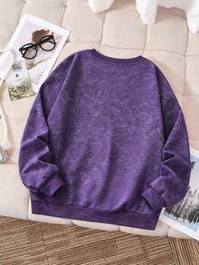 2pcs/Set Girls Round Neck Sweatshirt Set, Printed With Bows And English, Paired With Casual Flared Pants, New Comfortable Autumn/Winter Outfit - Purple - View 5