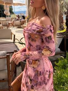 優雅粉色露肩花卉印花薄紗長洋裝，適合婚禮賓客、海灘度假、派對、秋季出遊 - 粉色 - 查看 2