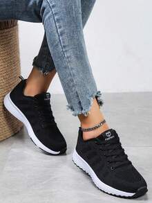 Women's Low-Top Sneakers - EVA Sole, All-Season Lace-Up Athletic Shoes, Lightweight Durable Knit Design, Multiple Colors Available, Comfortable Fit - Black - View 1
