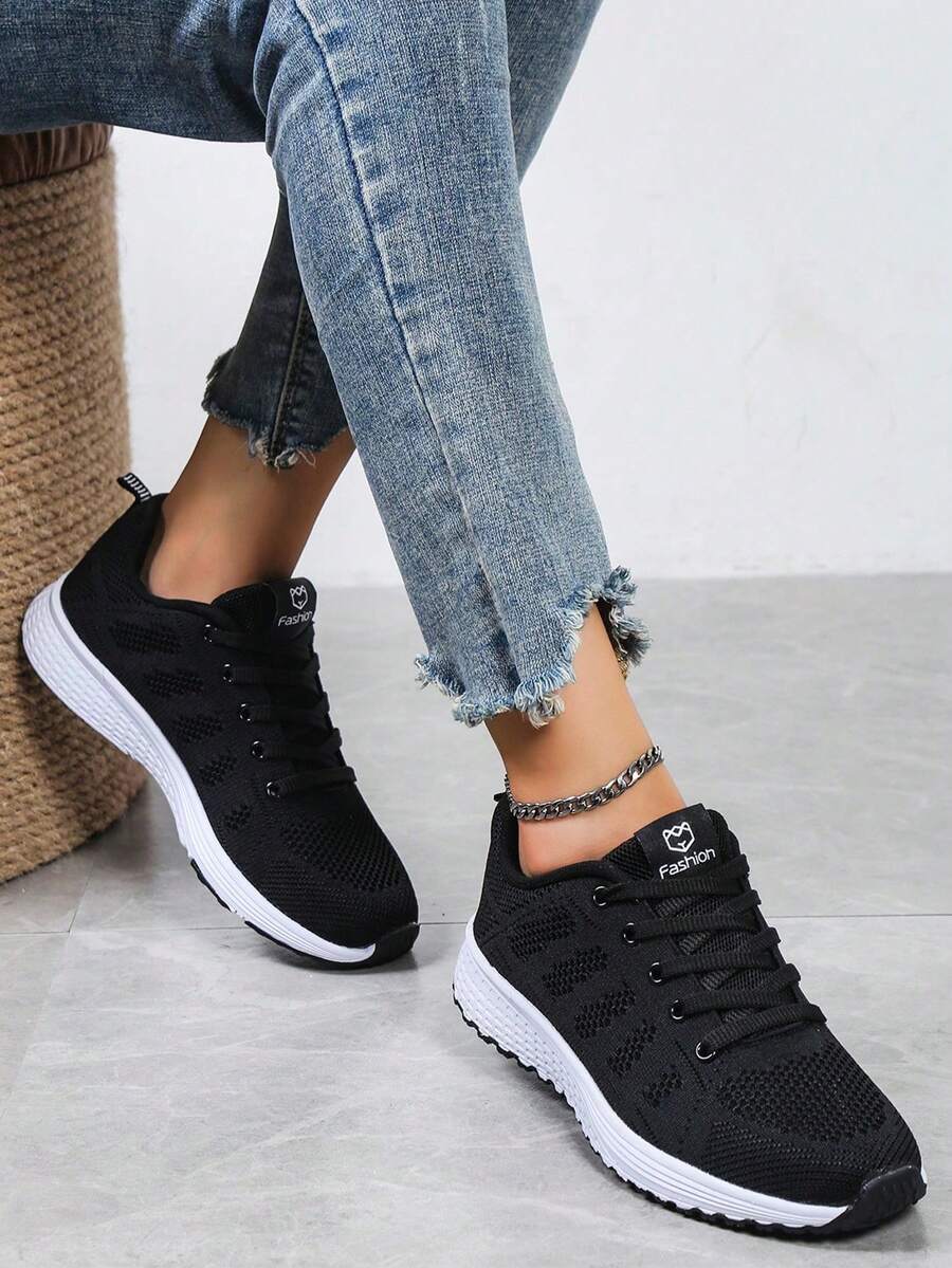 Women's Low-Top Sneakers - EVA Sole, All-Season Lace-Up Athletic Shoes, Lightweight Durable Knit Design, Multiple Colors Available, Comfortable Fit - Black - View 1