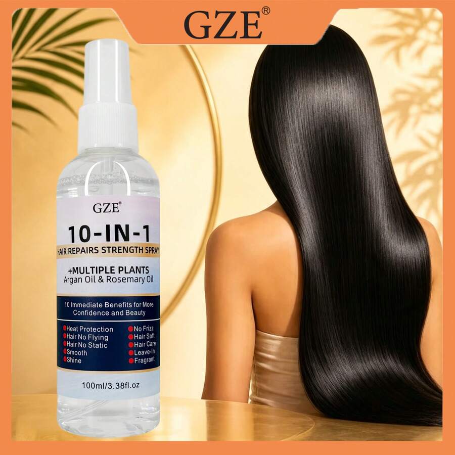 GZE 10-In-1 No-Rinse Hair Mist, Infused With Moroccan Argan Oil And Rosemary Oil, Repairs Damaged Hair, Provides Heat Protection, Smooths Frizz, Eliminates Static, Adds Shine And Softness, Leaves Hair Silky Smooth, Lightweight Texture, Pleasant Fragrance, 100ml/3.38 Fl Oz - Travel Size - View 1