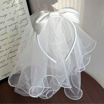 1pc White Veil Pearl Bow Headband, Simple Wedding Accessory Suitable For Bridal Outfit
