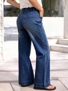 Celana Jeans Denim Stretch Wanita Model Lurus Longgar Terbaru, Gaya Kasual Musim Semi/Gugur - Dark Wash - View 4