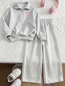Girls' Bowknot Print Gray Zipper Hoodie And Wide Leg Pants 2 Pieces Set, Minimalist Design, Suitable For Spring, Autumn And Winter Wear, Comfortable And Relaxed - Grey - View 2