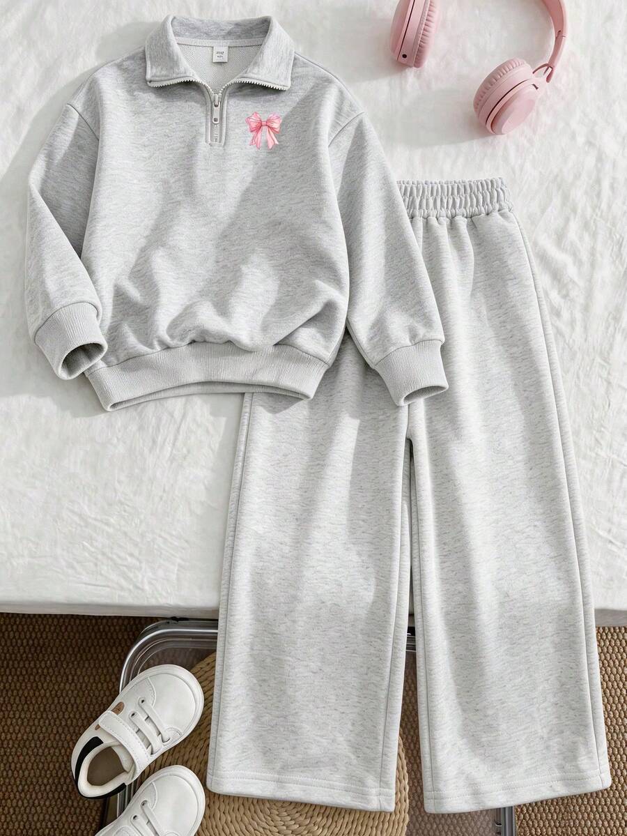 Girls' Bowknot Print Gray Zipper Hoodie And Wide Leg Pants 2 Pieces Set, Minimalist Design, Suitable For Spring, Autumn And Winter Wear, Comfortable And Relaxed - Grey - View 1