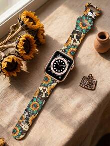 Vintage Green Gemstone Sunflower 2D Printed Silicone Watch Band Compatible With Apple Watch 40mm/41mm/42mm/44mm/45mm/46mm/49mm, Soft Comfortable Casual Sports Rivet Buckle Watch Band Compatible With Apple Watch Series Ultra/11/10/9/8/7/6/5/4/SE, Compatible With Apple Watch Men's Women's Smart Watch Band - UV054-emerald Sunflower - View 2