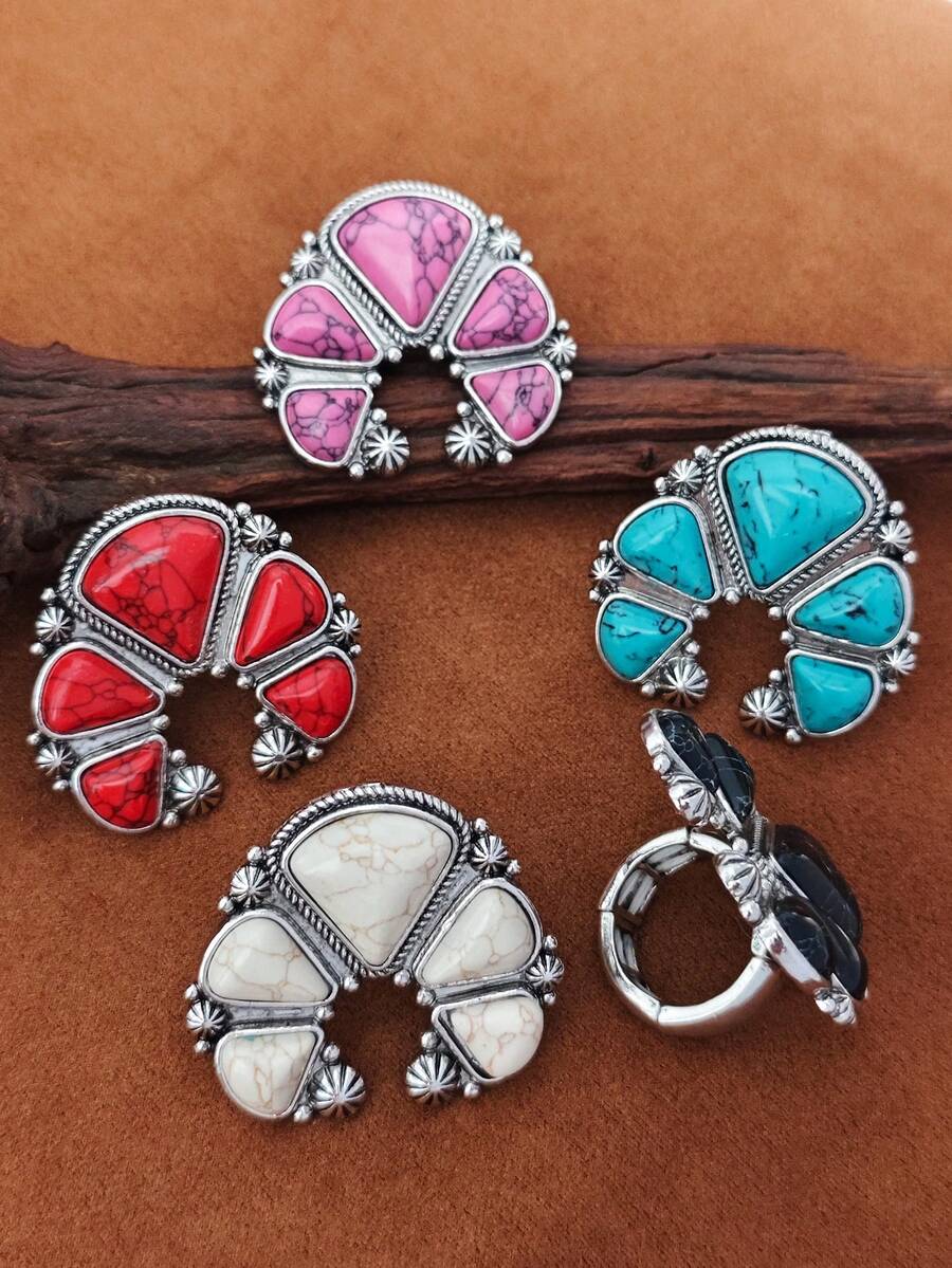 1pc Half Moon Shaped Ring, European & American Western , Multi-Color Cracked Faux Turquoise Inlay, Distressed Silver-Tone, Vintage Adjustable Open Band Women's Large Ring - Ring - View 1