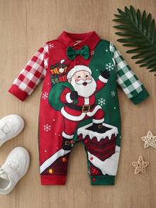 Santa Claus Chimney Print Infant Long Sleeve Romper, Plaid Sleeve Snowflake Accents Baby Holiday Outing Jumpsuit - Multicolor - View 14