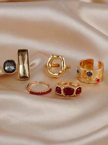 5pcs Colorful Crystal Rhinestone Faux Gemstone Ring Set, Stackable Geometric Rings, Suitable For Women's Daily Dates, Music Festivals - Multicolor - View 3