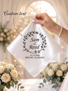 1pc Custom Text Wedding Handkerchief With Botanical Wreath Print, Personalized Couple Meaningful Bridal Keepsake Gift For Wedding Day Souvenir Favor - Multicolor - View 1