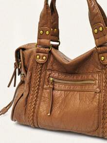 Vintage Faux Leather Shoulder Bag, Fashion Design Large Capacity Shoulder Bag, Niche Classic Multi-Functional Handbag, Suitable For Daily Commute - Brown - View 8