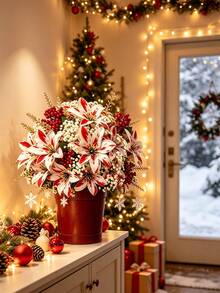 12/6/1pc Set Artificial Red & White Poinsettia Bouquet With Baby's Breath, Holiday Floral Arrangement Kit, Suitable For Fireplace, Stair Railing, Dining Table, Vase, Balcony Planter And Stage Backdrop, Perfect For Christmas Tree And Home Decor - Multicolor - View 2