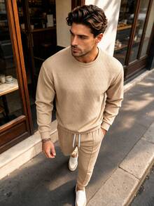 Men's Spring/Autumn Crew Neck Sweatshirt & Long Pants Casual Fashion Set, Suitable For Daily Commute And Vacation - Khaki - View 2