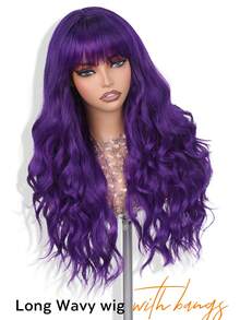 26 Inch Dark Purple Long Wavy Wig With Bangs For Women Heat Resistant Synthetic Fiber, Trimmable Bangs, Natural Wavy Wig Lightweight For Daily Wear, Cosplay, Parties, Festivals, And Halloween - Multicolor - View 2