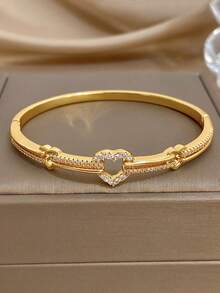 1pc Elegant Hollow Heart Series Bangle Bracelet For Women Luxury Zirconia Golden Copper Bangle For Daily Party Valentine Birthday Christmas Jewelry Gift - Multicolor - View 3