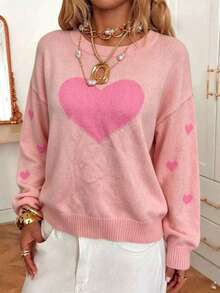 Elegant Cute Heart Pattern Design Long Sleeve Pullover Sweater, Autumn/Winter Minimalist Sweet Style Loose Versatile Knit Top For Women, Valentine's Day - Pink - View 4