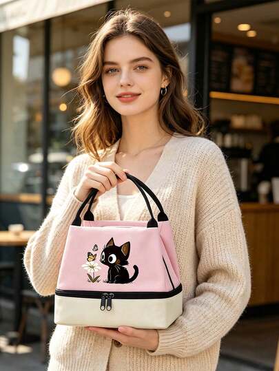 Cat Print Lunch Bag, Insulated Bag With Black Utensil Storage Pouch, Unisex Double-Layer Leak-Proof Insulated Lunch Box/Bento Bag/Handbag, Portable Insulated Basket, Outdoor Lunch Bag. Contrast Color Design, Large Capacity Cold Storage/Insulation, Easily Fits Lunch Box, Water Bottle, Drinks. Suitable For Students, Teachers, Office Workers, Moms, Best Friends, Great Gift For Graduation Season, Back To School, Teacher's Day, Birthday, Anniversary