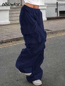 Y2K街頭風女款翻蓋口袋抽繩腰寬鬆寬腿休閒長褲，舒適輕盈，適合秋季日常穿著、外出與旅行 - 藏蓝色 - 查看 8