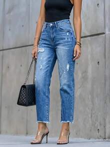 Women's Light Blue Washed Distressed Straight Leg Jeans, Vintage Distressed Denim Pants With Frayed Edges And Ripped Details - Blue - View 2