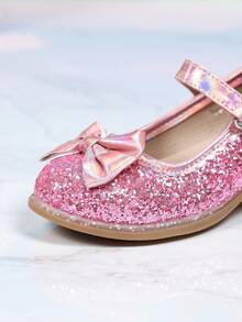 1 Pair Greet Bowknot Sequin Popular Kids High Heels, Thick Heel Anti-Slip Soft Design Sole Suitable For Party And Daily Wear - Rose Red - View 7