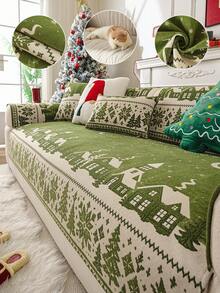 1PC Green Christmas Decorative Chenille Sofa Cushion, Anti‑Slip All‑Season Sofa Protector Cover, Machine Washable For Living Room Bedroom Home Decoration - Green - View 1