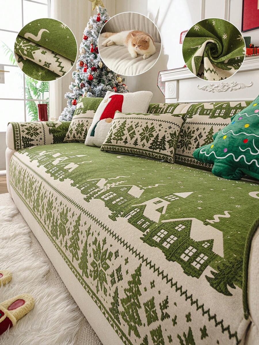 1PC Green Christmas Decorative Chenille Sofa Cushion, Anti‑Slip All‑Season Sofa Protector Cover, Machine Washable For Living Room Bedroom Home Decoration - Green - View 1