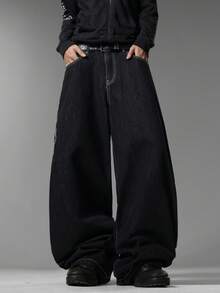 Men's Gothic Street Brand Wide Leg Jeans, Exquisite Retro Embroidery, Comfortable Versatile All-Season Long Pants (No Belt & Accessories) - Black - View 5