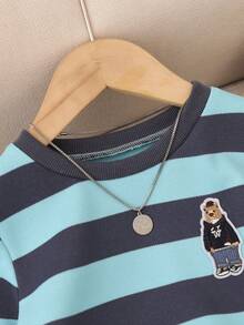 2pcs/Set Boys Spring Autumn Striped Bear Embroidery Crew Neck Long Sleeve Sweatshirt & Washed Denim Jeans Elastic Waist Comfortable Casual Outfit - Multicolor - View 2