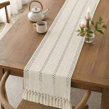 Khăn trải bàn phong cách Bohemian đan rỗng có tua rua, màu kem be macrame, trang trí mộc mạc kiểu nông trang cho bàn ăn - Màu trắng - Xem 2