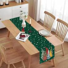1pc Dark Green Background Christmas Tree & Snowflake Print Table Runner, Linen Texture Holiday Table Runner, For Dining Table Christmas Party Home Decor - Green - View 6