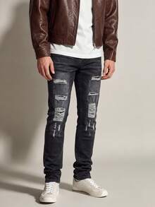 Men's Vintage Black-Grey Gradient Washed Slim Fit Stretch Denim Jeans, Multi-Layer Horizontal Distressed Ripped With White Frayed Details, Classic 5-Pocket Casual Denim Jeans - Black - View 2