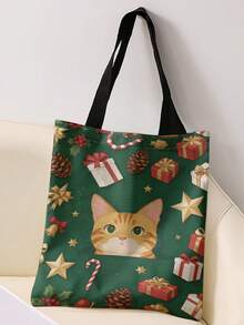 1pc Cat Print Shoulder Tote,Large Capacity For Books,Groceries & Daily Beach Travel School Use.For Students & Women,Great Daily Bag Or Gift - Multicolor - View 6