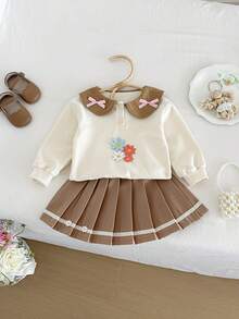 Miniweenns 2pcs/Set Baby Girl Spring/Autumn Outdoor Casual Back To School Long Sleeve Applique Sweatshirt + Sweet Pleated Skirt - Multicolor - View 3