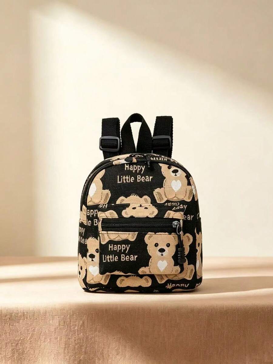 可愛熊圖案女孩迷你後背包，輕量小號帆布一日背包，休閒便攜旅行日常小肩背包