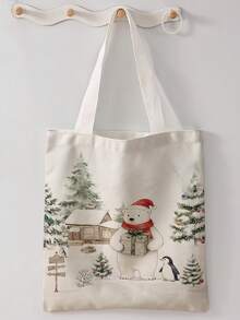 1pc Little Bear Print Canvas Tote Bag, Large Capacity Hand‑Held Shoulder Bag,Reusable Shopping Bag For Music Festival Party Daily Packing Books - Multicolor - View 14